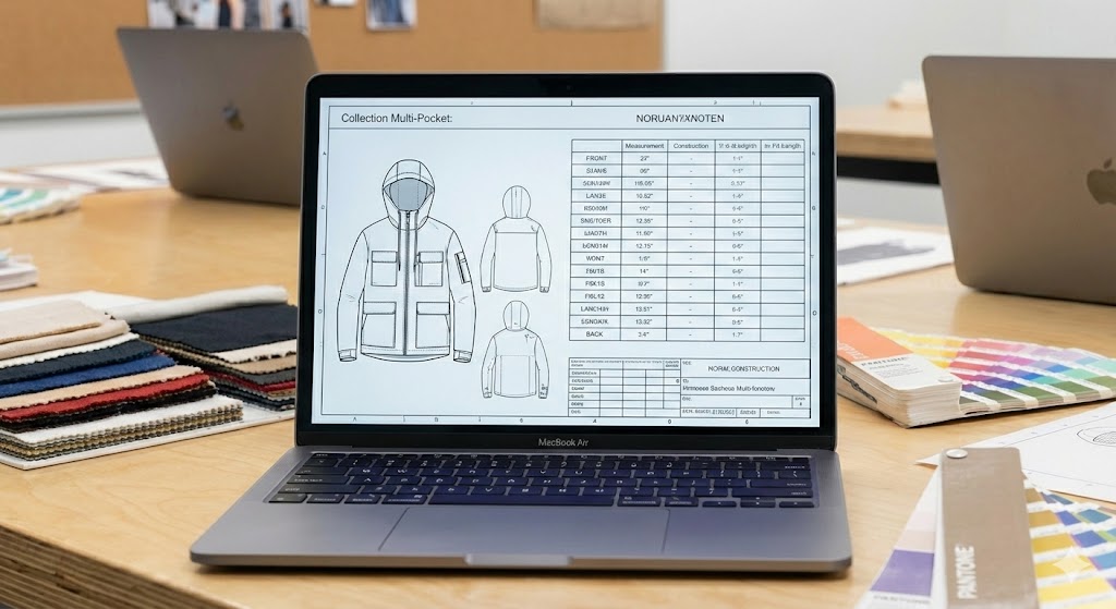 Design studio with sketches, moodboards, and fabric swatches